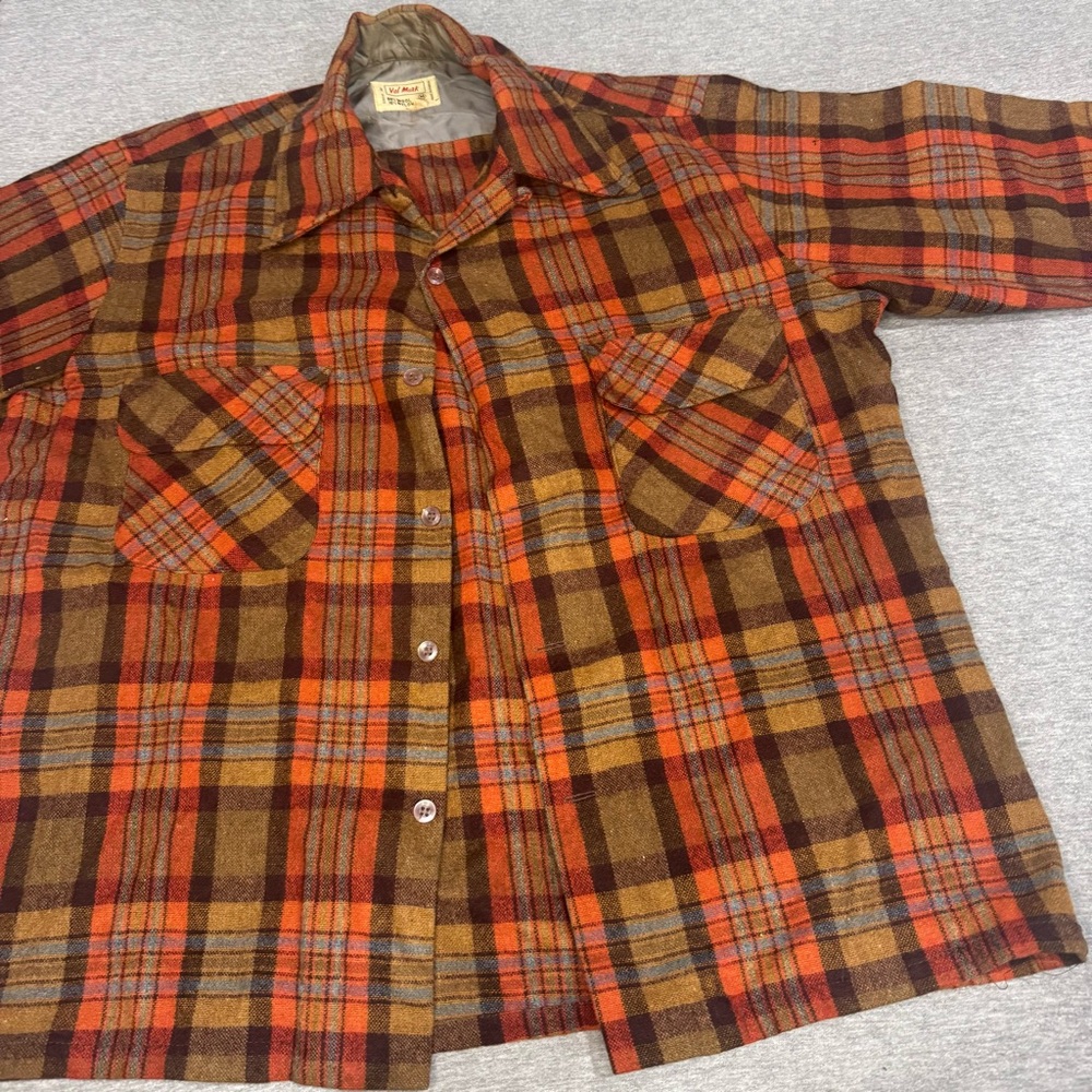 Val Mark Vintage Wool Shirt Mens Medium Plaid Orange Brown Korea Workwear